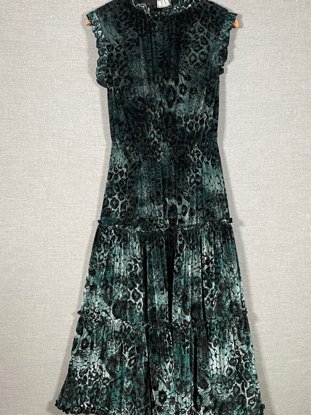 CCH Collection Velvet Cheetah Leopard Midi Dress Green Black Ruffle XS Whimsigot